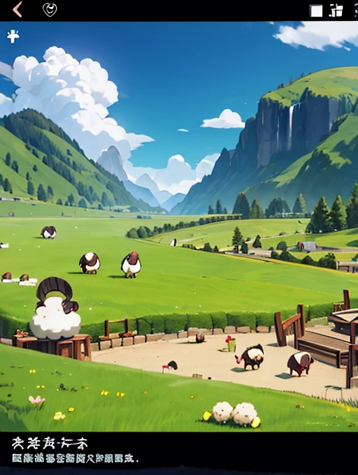 一群sheep在田野上的特寫，Screenshot inspired by Christoph Ludwig Agricola、pixiv、mingei、sheep、game screen、mobile game、電子sheep、strategy game、mobile game風格、Game UI、sheep放牧、Villagers busy farming、Gameplay、Game interface、夢見電子sheep、grassland、像棉花糖一樣的彩虹sheep 牡sheep犬 牡sheep人