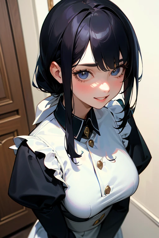 (Highest Resolution, clear_image) highest quality, Single person, One woman, alone, masterpiece, Very detailed, Semi-realistic, Black Hairのショートヘア, Black Hair, bangs, 18-year-old, mature, light blue uniform, uniform, Indoor Background, kind, Authoritative, Powerful, exquisite features, exquisite features、Eyelashes become longer、Showing teeth、smile😀、Maid clothes、woman&#39;Fingers in the、Sleeping on the sofa、Long Hair、Fluttering in the wind、Cleaning、Navy blue clothes、Long Hair、