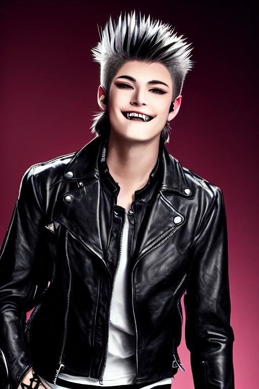 One boy, vampire, spiked hair long mullet in the back, showing fangs, wearing leather jacket, face forward, beard under cheekbones