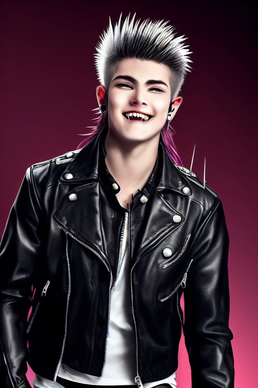 One boy, vampire, spiked hair long mullet in the back, showing fangs, wearing leather jacket, face forward, beard under cheekbones