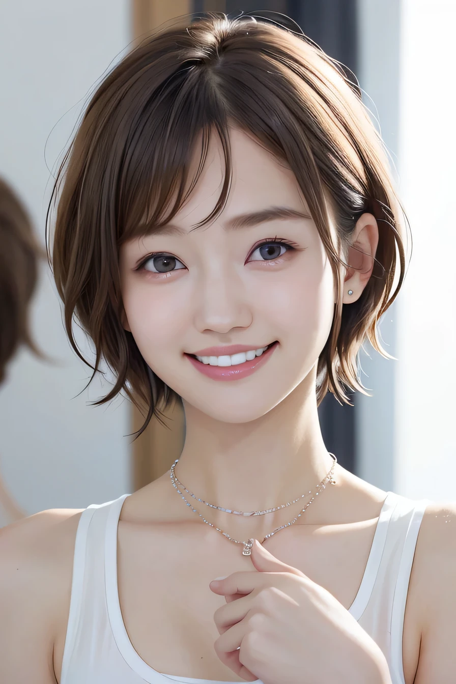 5 ((short hair)), 20-year-old female, In underwear、cardigan、Shoulder Fashion、Only one shoulder is exposed、smile、Beautiful teeth alignment、Black Hair、ear piercing、Necklace around the neck、Looking into the camera, Waiting for the start