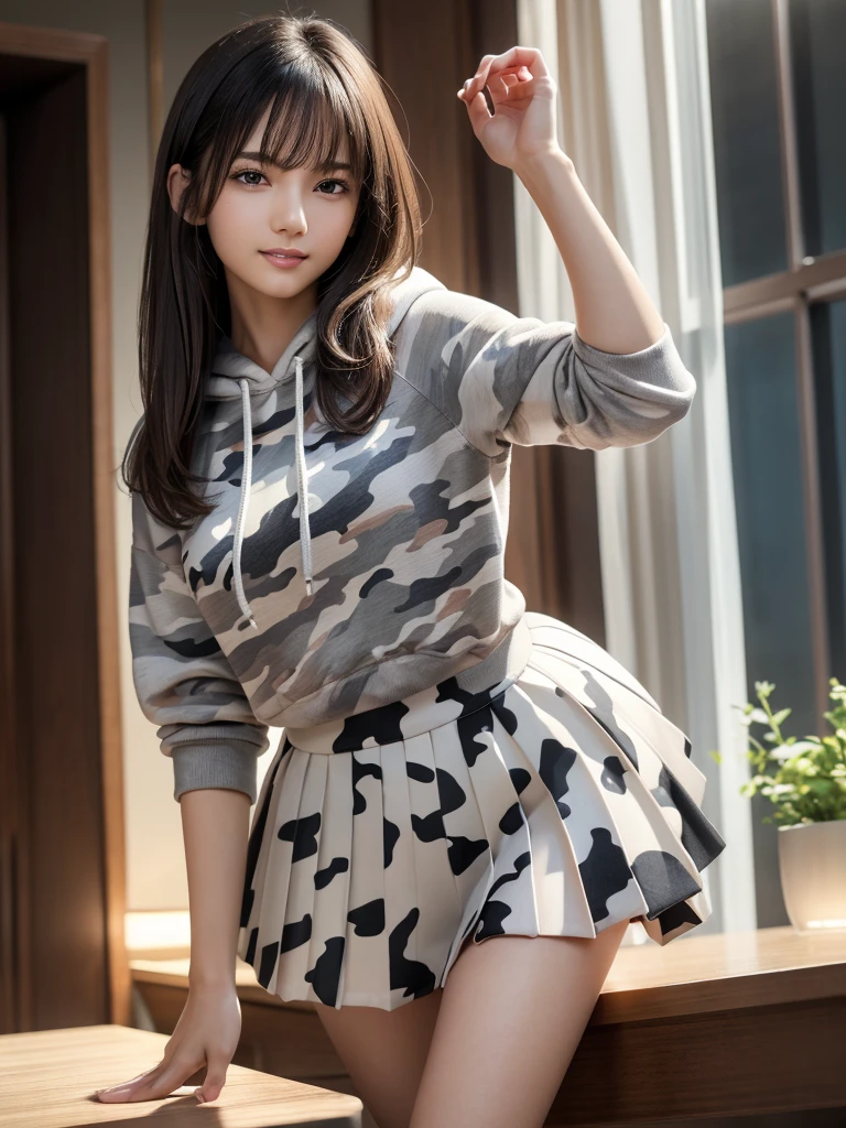 (8k, RAW Photos, highest quality, Tabletop:1.2), (Realistic, Photorealistic:1.4), (Highly detailed 8k wallpaper), Sharp focus, Depth of written boundary, Blur the background, Bokeh, Cinema Lighting, Soft Light, (whole body), 1 girl,18 years old famous Japanese idol, Perfect female body, indoor, (Winter camo parka and black micro mini pleated skirt : 1.3), (Long, slender legs), (smile), Glossy lips, Beautiful fine details,Natural Makeup, Shiny and smooth light brown short bob hair, Asymmetrical bangs, Shiny skin, Center image, High resolution, Attention to detail, Detailed hairstyle, Detailed face, 素晴らしいCinema Lighting, Octane Rendering, Vibrant, Ultra-realistic, Perfect limbs, Perfect Anatomy