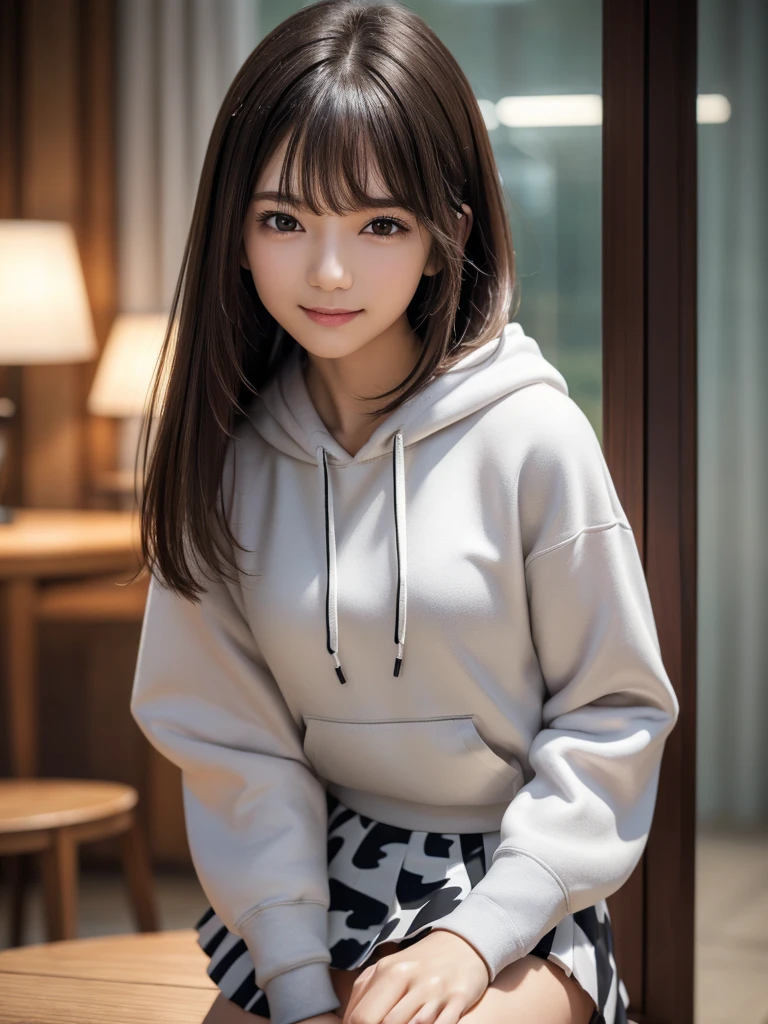 (8k, RAW Photos, highest quality, Tabletop:1.2), (Realistic, Photorealistic:1.4), (Highly detailed 8k wallpaper), Sharp focus, Depth of written boundary, Blur the background, Bokeh, Cinema Lighting, Soft Light, (whole body), 1 girl,18 years old famous Japanese idol, Perfect female body, indoor, (White and grey camouflage hoodie and black micro mini pleated skirt : 1.3), (Long, slender legs), (smile), Glossy lips, Beautiful fine details,Natural Makeup, Shiny and smooth light brown long bob hair, Asymmetrical bangs, Shiny skin, Center image, High resolution, Attention to detail, Detailed hairstyle, Detailed face, 素晴らしいCinema Lighting, Octane Rendering, Vibrant, Ultra-realistic, Perfect limbs, Perfect Anatomy