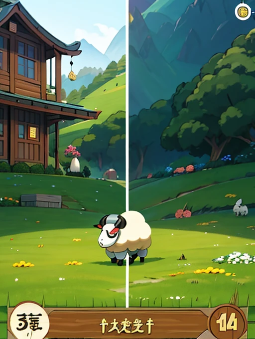 一群sheep在田野上的特寫，Screenshot inspired by Christoph Ludwig Agricola、pixiv、mingei、sheep、game screen、mobile game、電子sheep、strategy game、mobile game風格、Game UI、sheep放牧、Villagers busy farming、Gameplay、Game interface、夢見電子sheep、grassland、像棉花糖一樣的彩虹sheep 牡sheep犬 牡sheep人