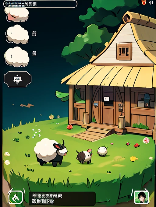 一群sheep在田野上的特寫，Screenshot inspired by Christoph Ludwig Agricola、pixiv、mingei、sheep、game screen、mobile game、電子sheep、strategy game、mobile game風格、Game UI、sheep放牧、Villagers busy farming、Gameplay、Game interface、夢見電子sheep、grassland、像棉花糖一樣的彩虹sheep 牡sheep犬 牡sheep人