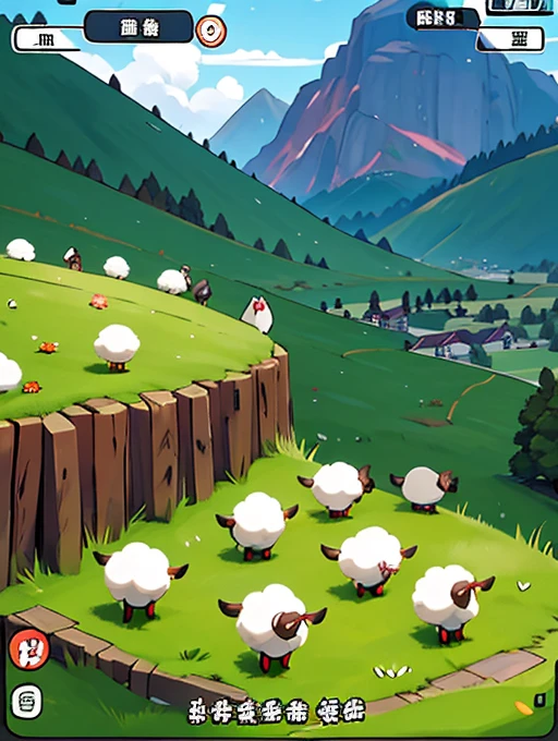 一群sheep在田野上的特寫,Screenshot inspired by Christoph Ludwig Agricola、pixiv、mingei、sheep、game screen、mobile game、電子sheep、strategy game、mobile game風格、Game UI、sheep放牧、Villagers busy farming、Gameplay、Game interface、夢見電子sheep、grassland、像棉花糖一樣的彩虹sheep 牡sheep犬 牡sheep人