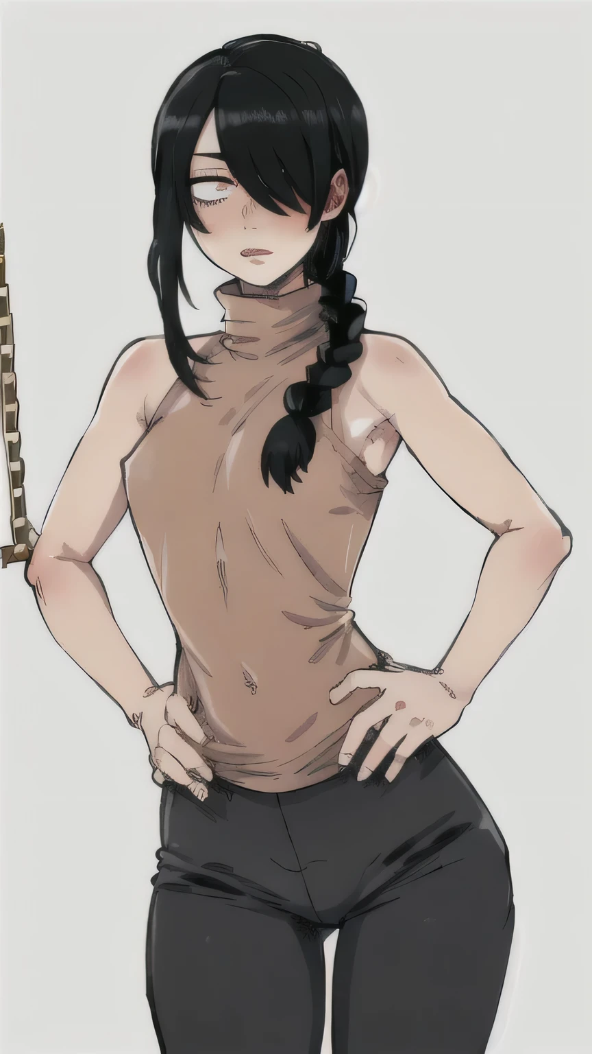 cowboy shot, nayuta, turtleneck, bare shoulders, bare arms, black pants, ringed eyes, red eyes, single braid, (hair over one eye), black hair, looking at viewer, hands on hips, parted lips, half-closed eyes, bent over, simple background, (chain background:1.2), ass