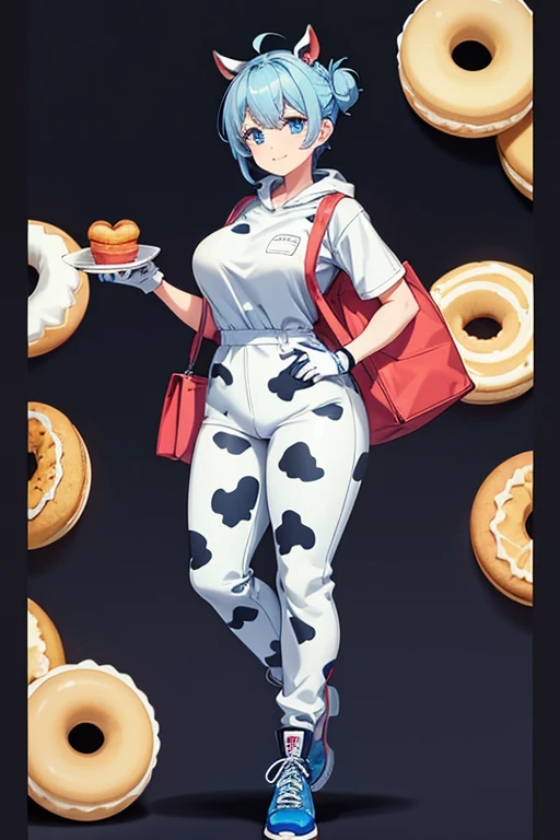 Anime drawings、Full body portrait、Space SF Delivery Man、A curvy woman, about 180cm tall, about 45 years old, wearing a cow print boiler suit and with cow ears, walking around with a large bag on her back and eating a lot of donuts.、Smiling、Short hair with an updo、Light blue hair、gloves、sports boots、Blue Eyes