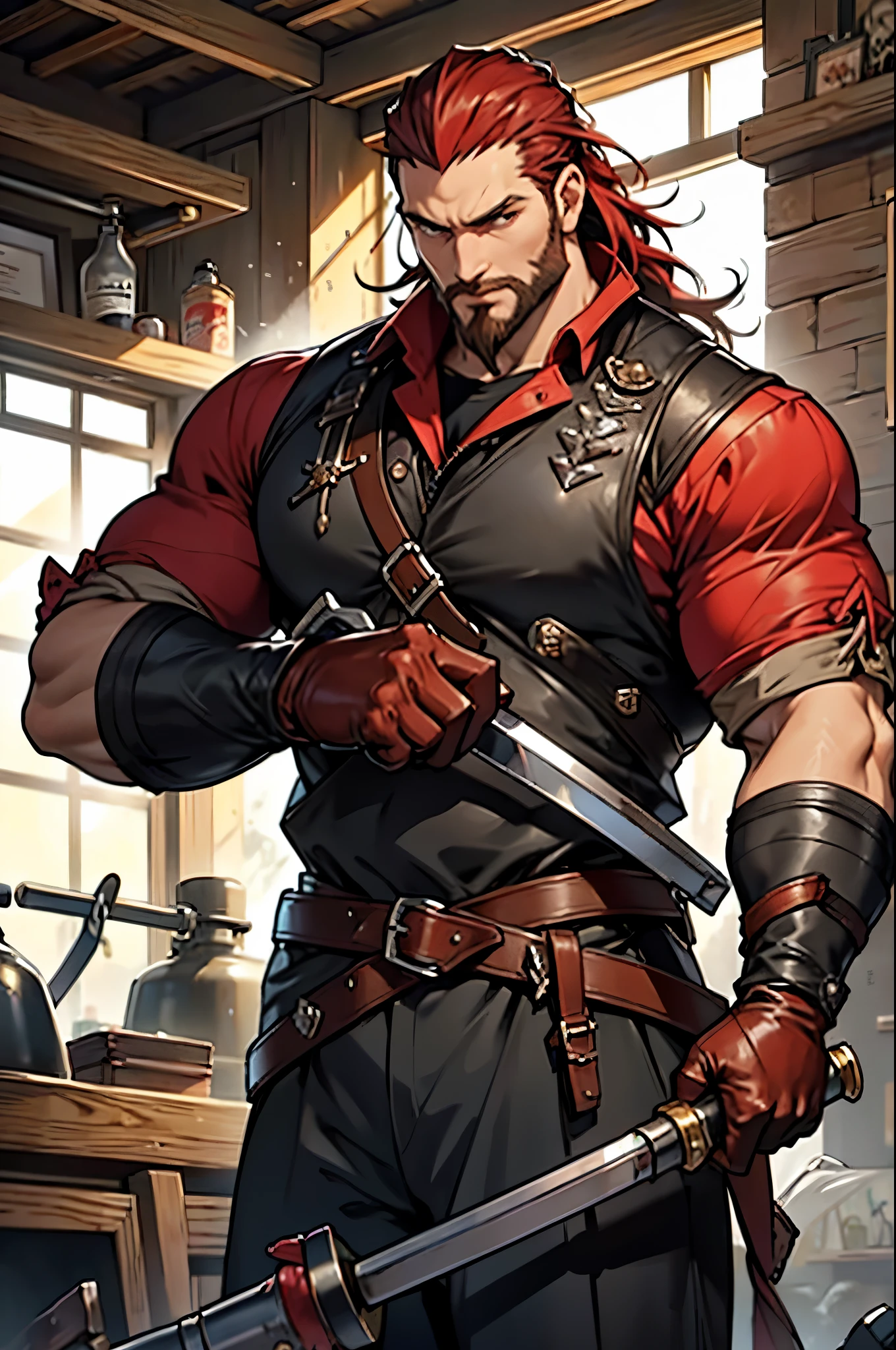 Solo, Masterpiece, High Quality, Detailed face, Defined Eyes, Anime Male, Standing, ((staning action pose)), (((Cleaning Musket))), ((male)), Slicked back hair, ((long Red Slicked back Hair)), Big beard, ((big red burly beard)), Dad body, ((Broad Shoulders)), ((bigger Build)), Wearing Blacksmith Gear, ((Leather Gloves)), ((Cleaning a Musket)), In a Blacksmith Forge, ((Blacksmith Forge In the Background)),