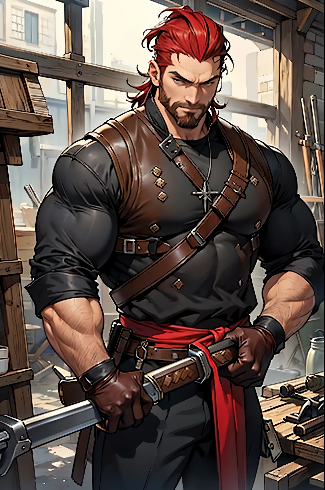 Solo, Masterpiece, High Quality, Detailed face, Defined Eyes, Anime Male, Standing, ((staning action pose)), (((Cleaning Musket))), ((male)), Slicked back hair, ((long Red Slicked back Hair)), Big beard, ((big red burly beard)), Dad body, ((Broad Shoulders)), ((bigger Build)), Wearing Blacksmith Gear, ((Leather Gloves)), ((Cleaning a Musket)), In a Blacksmith Forge, ((Blacksmith Forge In the Background)),