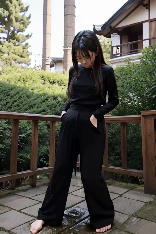 Japanese Girl sees the ghost and pees her black palazzo pants until her pants are wet in fright.
