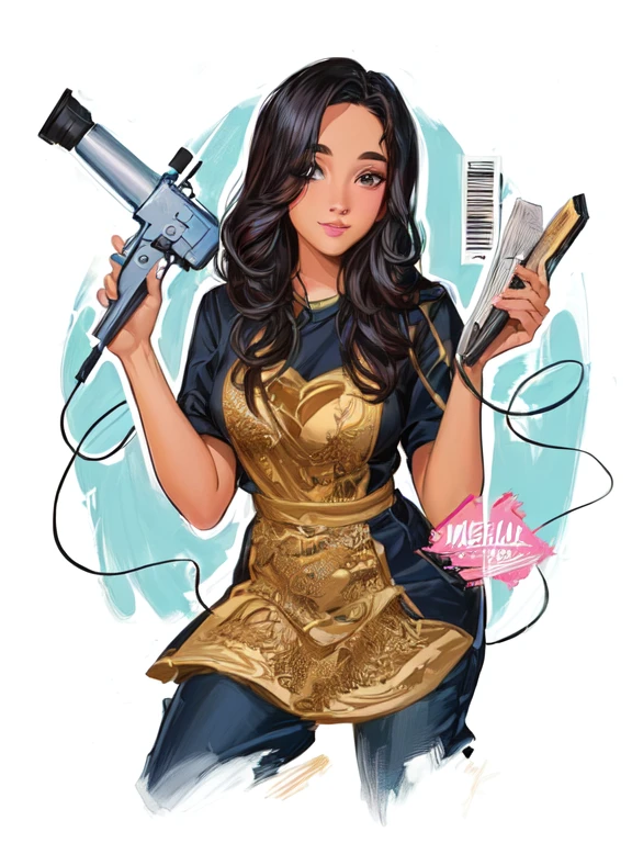 um desenho de uma mulher segurando um secador de cabelo e um biscoito, cartoon style illustration, in style of digital illustration, professional illustration, professional illustration, caricatura, full color digital illustration, stylized digital illustration, digital illustration, em estilo cartoon, estilo caricatural, estilo de arte dos desenhos animados, mixed media style illustration, air brush illustration, por Melissa Benson