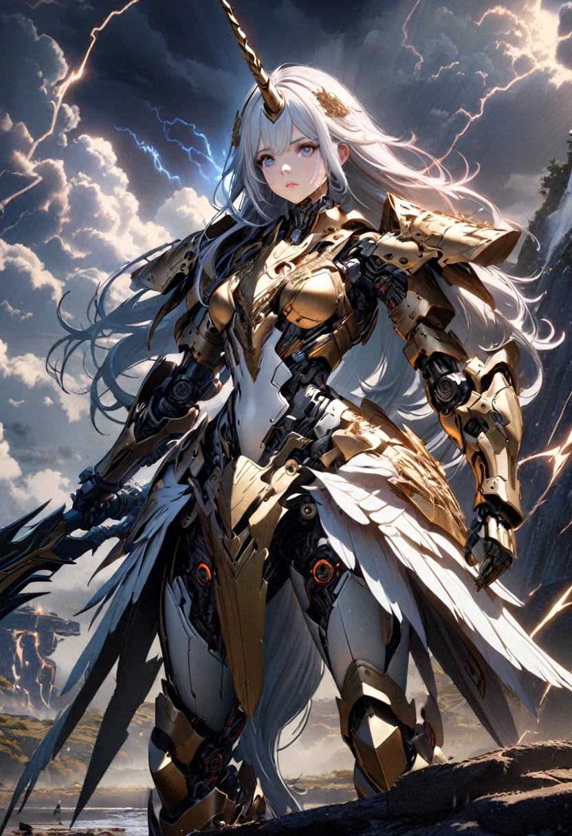 8k, 1girl, robot girl, long white hair, cyborg style, detailed metal armor, ornate golden armor details, intricate mechanical parts, cyborg unicorn, white winged unicorn, unicorn carries large sword, clouds, lightning, dramatic sky, epic fantasy, cinematic lighting, cinematic composition, dramatic lighting, stunning details, concept art quality