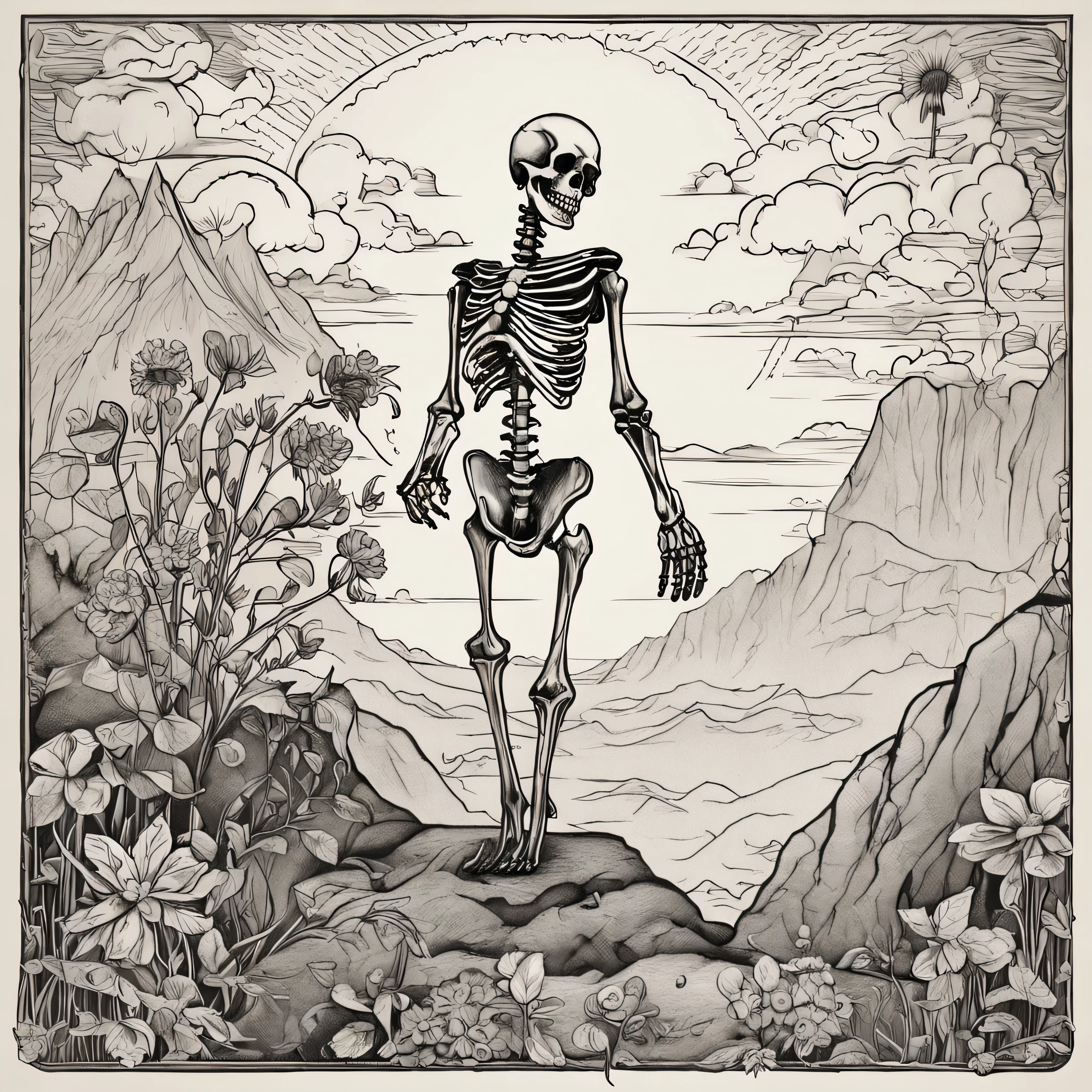 Tarot card, a skeleton is dancing joyously at the edge of a high cliff, in the right hand a wooden staff, in the left hand a beautiful flower, a small cat dancing at the feet of the skeleton, mountains and clouds in the background, black and white, fine lines, Intricate details