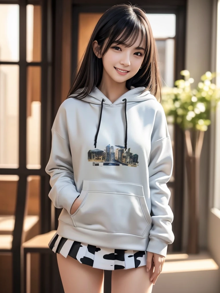 (8k, RAW Photos, highest quality, Tabletop:1.2), (Realistic, Photorealistic:1.4), (Highly detailed 8k wallpaper), Sharp focus, Depth of written boundary, Blur the background, Bokeh, Cinema Lighting, Soft Light, (whole body), 1 girl,18 years old famous Japanese idol, Perfect female body, indoor, (White and grey camouflage hoodie and black micro mini pleated skirt : 1.3), (Long, slender legs), (smile), Glossy lips, Beautiful fine details,Natural Makeup, Shiny and smooth light brown long bob hair, Asymmetrical bangs, Shiny skin, Center image, High resolution, Attention to detail, Detailed hairstyle, Detailed face, 素晴らしいCinema Lighting, Octane Rendering, Vibrant, Ultra-realistic, Perfect limbs, Perfect Anatomy
