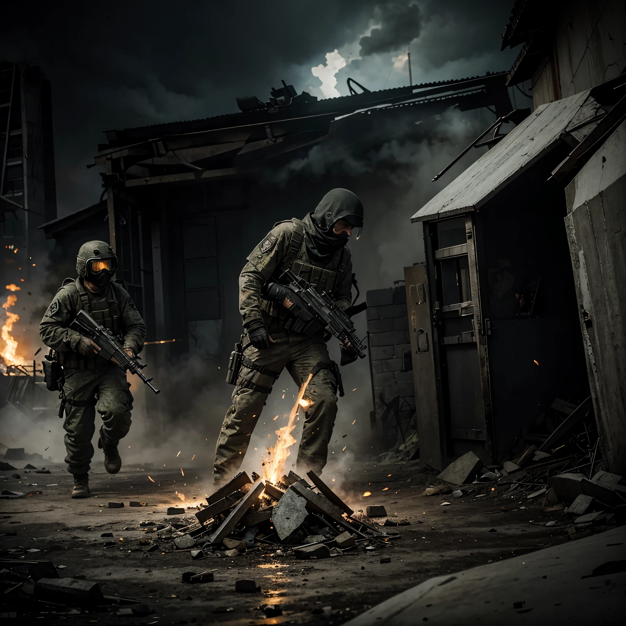 Soldiers walking around near a burning house
Night
In the woods
Armoured vehicle parked next to a tree