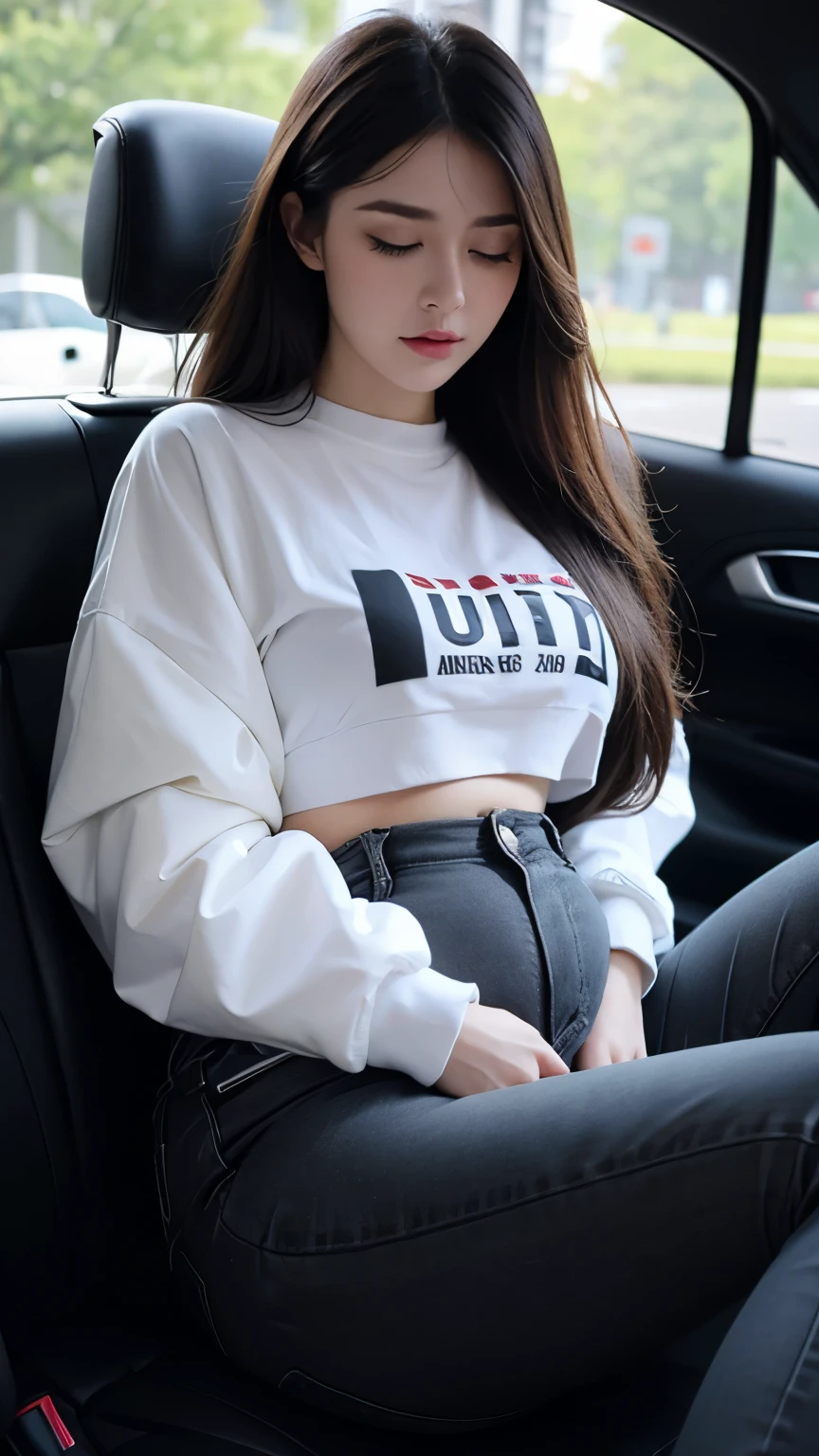 (photorealistic),(masterpiece),(ultra-detailed),a very pretty and sexy 20 year old girl holding more than liters of pee, sitting in a car seat ,wearing crop bubble jacket and tight black jeans,legs crossed tightly, lower abdomen part of the tight black jeans bulging from full bladder as big sphere as if she was fully nine months pregnant with ten kids but smooth rounded ,enduring extreme urge to pee,eyes slightly closed,pee about to come out,sweating,wearing skin tight black jeans,pee about to burst out