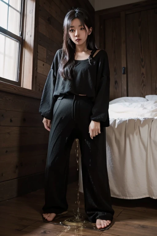 Japanese Girl sees the ghost and pees her black palazzo pants until her pants are wet in fright.