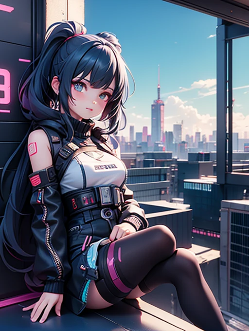 There is a woman sitting on the windowsill overlooking the city,cyberpunk anime girl,Cyberpunk 2 0y。 o Model Girl,Highly detailed shot of a giantess,real life anime girls,Fantasy cyberpunk girl,Realistic anime girl rendering,Set on a Tokyo rooftop,Cyberpunk beautiful girl,Realistic animation,女性cyberpunk anime girl,Anime style mixed with Fujifilm