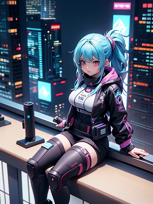 There is a woman sitting on the windowsill overlooking the city,cyberpunk anime girl,Cyberpunk 2 0y。 o Model Girl,Highly detailed shot of a giantess,real life anime girls,Fantasy cyberpunk girl,Realistic anime girl rendering,Set on a Tokyo rooftop,Cyberpunk beautiful girl,Realistic animation,女性cyberpunk anime girl,Anime style mixed with Fujifilm