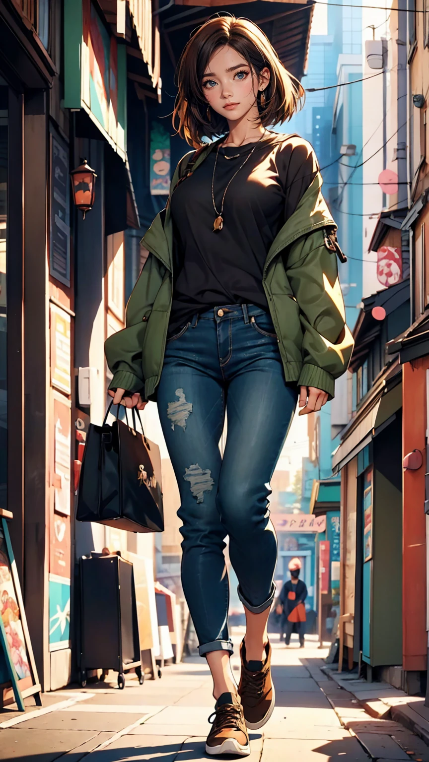 Female anime character wearing a black long sleeve shirt and blue jeans, Short brown hair, Neck length, Green Eyes, Tomer Hanukah inspired digital painting, Topics on pixiv, Sequential Art, Close up of intense gesture style, Full body details, Wear casual clothes, Style Anime, Anime style ultra detailed, Anime-style characters, Impressively detailed art style, Realistic art style, Clean and detailed anime style, modern anime style, Brown Hair