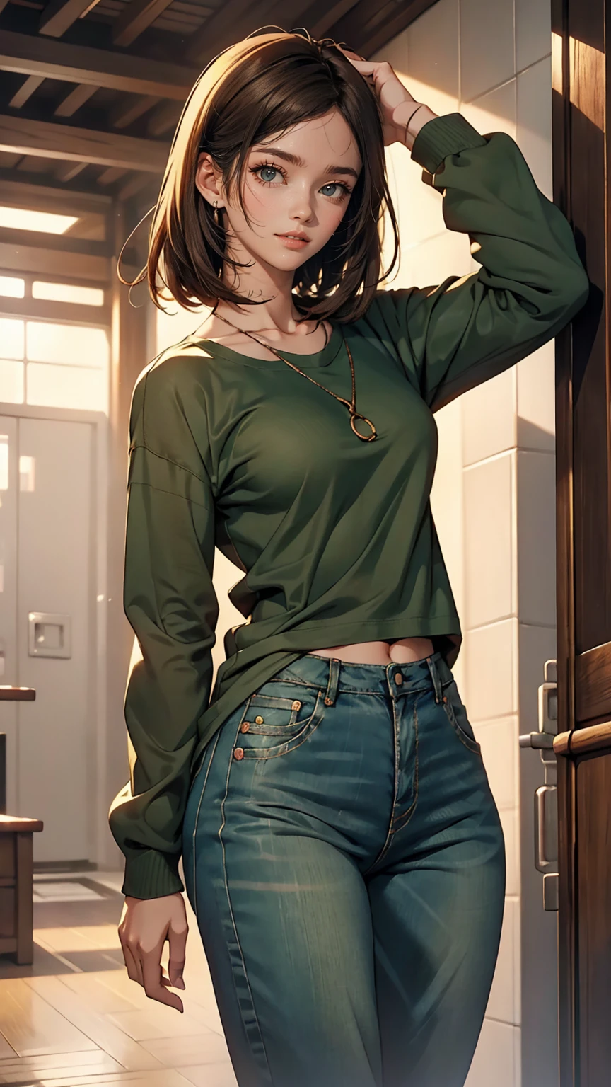 Female anime character wearing a black long sleeve shirt and blue jeans, Short brown hair, Neck length, Green Eyes, Tomer Hanukah inspired digital painting, Topics on pixiv, Sequential Art, Close up of intense gesture style, Full body details, Wear casual clothes, Style Anime, Anime style ultra detailed, Anime-style characters, Impressively detailed art style, Realistic art style, Clean and detailed anime style, modern anime style, Brown Hair