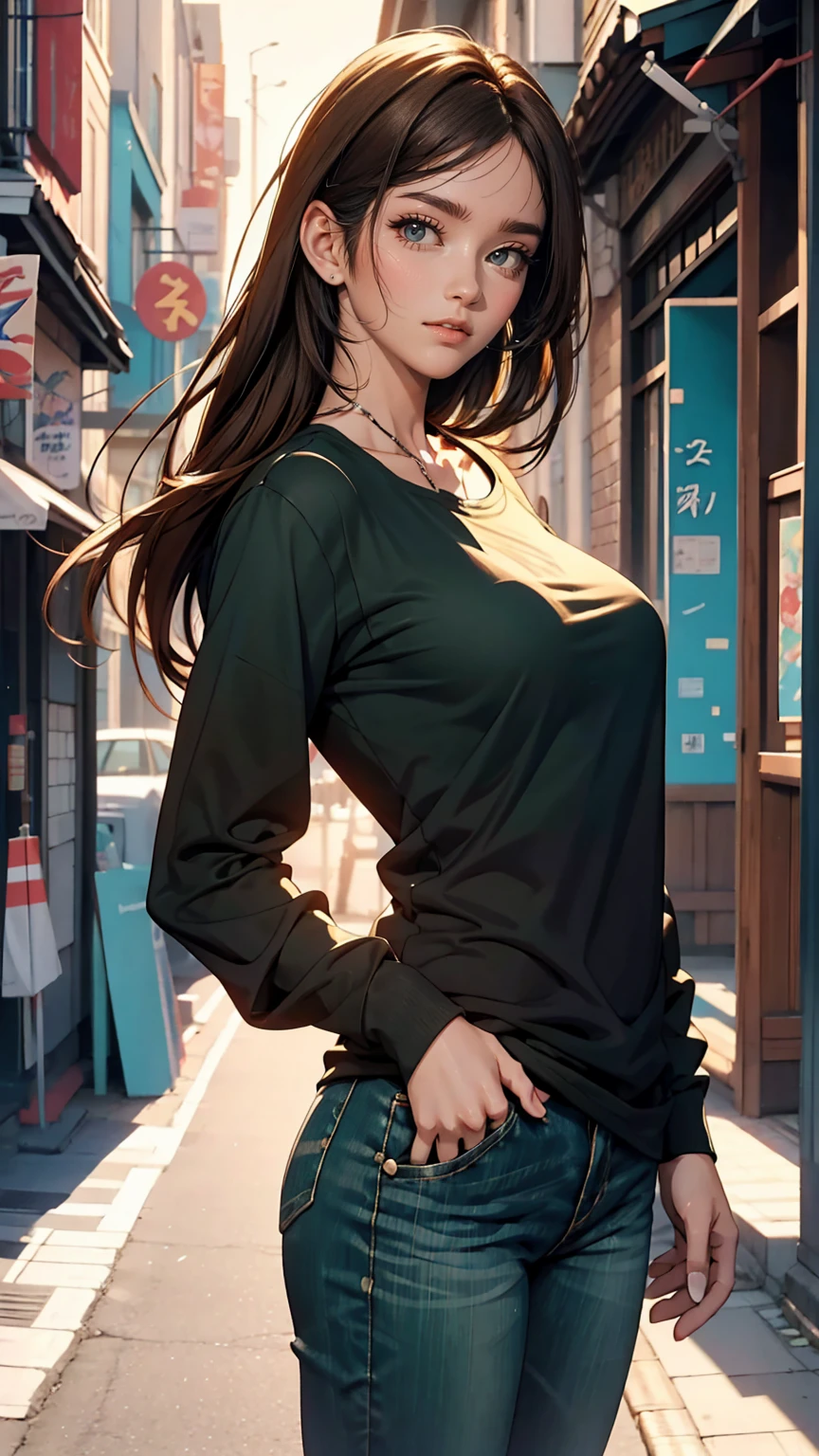 Female anime character wearing a black long sleeve shirt and blue jeans, Short brown hair, Neck length, Green Eyes, Tomer Hanukah inspired digital painting, Topics on pixiv, Sequential Art, Close up of intense gesture style, Full body details, Wear casual clothes, Style Anime, Anime style ultra detailed, Anime-style characters, Impressively detailed art style, Realistic art style, Clean and detailed anime style, modern anime style, Brown Hair