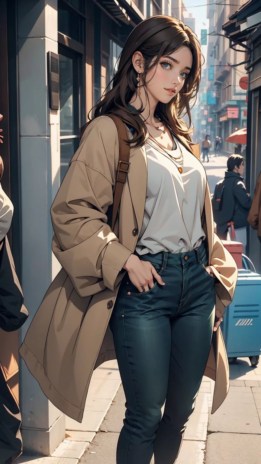 Female anime character wearing a black long sleeve shirt and blue jeans, Short brown hair, Neck length, Green Eyes, Tomer Hanukah inspired digital painting, Topics on pixiv, Sequential Art, Close up of intense gesture style, Full body details, Wear casual clothes, Style Anime, Anime style ultra detailed, Anime-style characters, Impressively detailed art style, Realistic art style, Clean and detailed anime style, modern anime style, Brown Hair