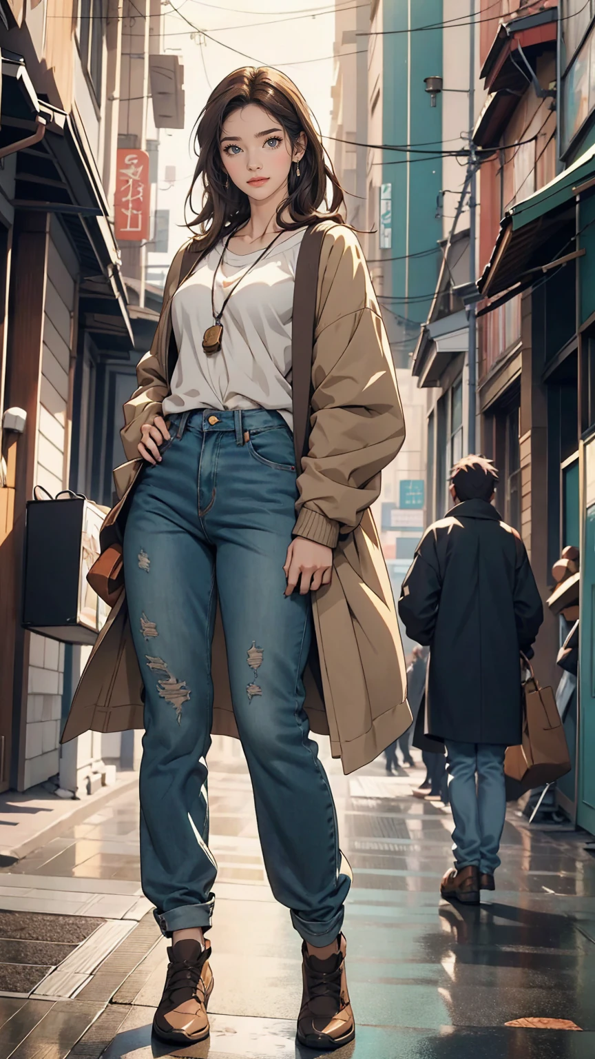 Female anime character wearing a black long sleeve shirt and blue jeans, Short brown hair, Neck length, Green Eyes, Tomer Hanukah inspired digital painting, Topics on pixiv, Sequential Art, Close up of intense gesture style, Full body details, Wear casual clothes, Style Anime, Anime style ultra detailed, Anime-style characters, Impressively detailed art style, Realistic art style, Clean and detailed anime style, modern anime style, Brown Hair