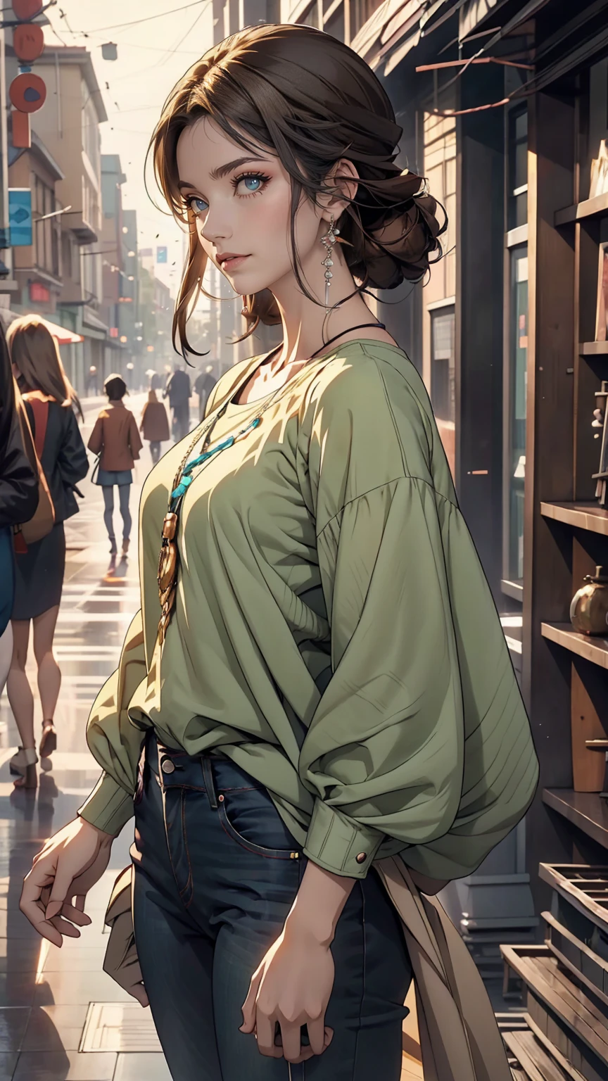 Female anime character wearing a black long sleeve shirt and blue jeans, Short brown hair, Neck length, Green Eyes, Tomer Hanukah inspired digital painting, Topics on pixiv, Sequential Art, Close up of intense gesture style, Full body details, Wear casual clothes, Style Anime, Anime style ultra detailed, Anime-style characters, Impressively detailed art style, Realistic art style, Clean and detailed anime style, modern anime style, Brown Hair