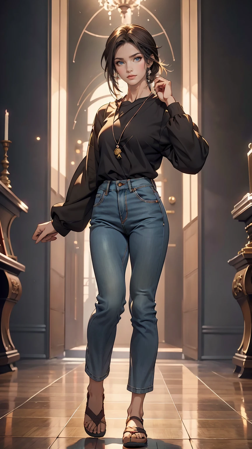 Female anime character wearing a black long sleeve shirt and blue jeans, Short brown hair, Neck length, Green Eyes, Tomer Hanukah inspired digital painting, Topics on pixiv, Sequential Art, Close up of intense gesture style, Full body details, Wear casual clothes, Style Anime, Anime style ultra detailed, Anime-style characters, Impressively detailed art style, Realistic art style, Clean and detailed anime style, modern anime style, Brown Hair