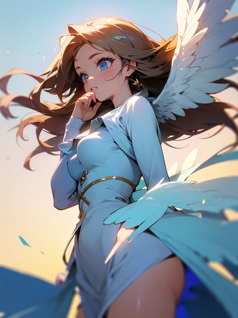 Hyperrealistic image of a young and beautiful woman, full body, big breasts, upturned nose, gray eyes, jeans, black sweatshirt, has angel wings, is smiling, has a ring of light over her head, the ring of light has pearl colors