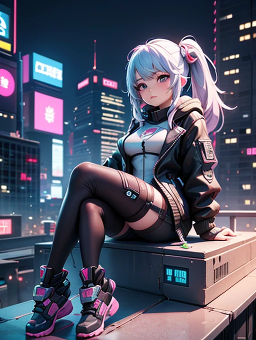 There is a woman sitting on the windowsill，overlooking a city，Cyberpunk art inspired by Ami Kojima，cgsociety contest winner，Fantasy art，cyberpunk anime girl，Cyberpunk 2 0y。 o model girl，Highly detailed shot of a giantess，real life anime girls，Fantasy cyberpunk girl，Realistic animation女孩渲染，Set on a Tokyo rooftop，Cyberpunk beautiful girl，Realistic animation