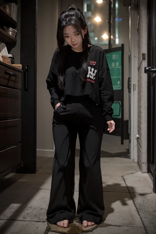 Chinese Girl sees the ghost and pees her black palazzo pants until her pants are wet in fright.