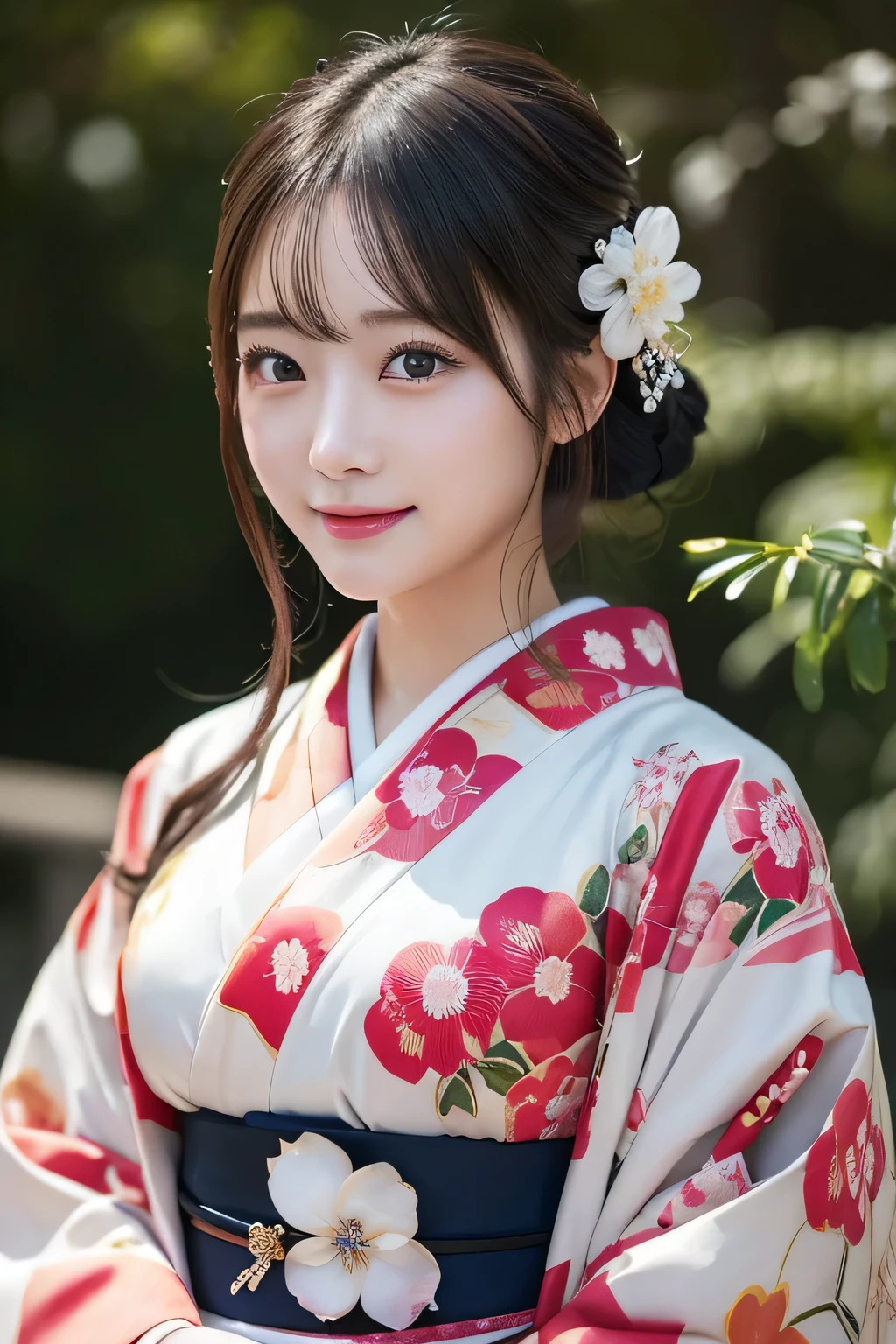 (formal kimono)、masterpiece、beautiful girl、Beautiful detailed eyes、highest quality, 超A high resolution, (reality: 1.2), Cinema Lighting、(Japanese Girls)、so beautiful、Beautiful Skin、(Looking at the audience)、(Surreal)、(High resolution)、(8k)、(Very detailed)、(Beautiful fine details)、(Very detailed)、 (wallpaper)、Detailed face、Bright lighting、Professional Lighting、Smile