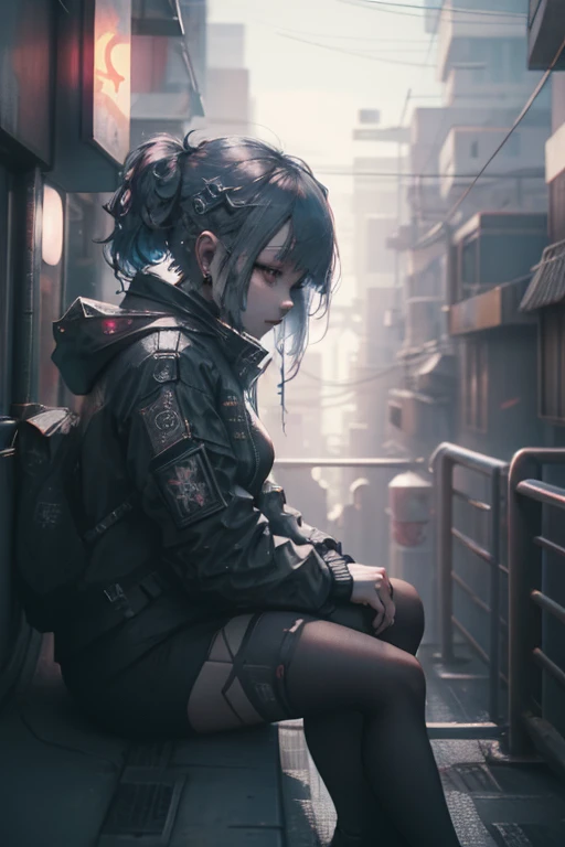 There is a woman sitting on the windowsill,overlooking a city,Cyberpunk art inspired by Ami Kojima,cgsociety contest winner,Fantasy art,cyberpunk anime girl,Cyberpunk 2 0y。 o model girl,Highly detailed shot of a giantess,real life anime girls,Fantasy cyberpunk girl,Realistic animation女孩渲染,Set on a Tokyo rooftop,Cyberpunk beautiful girl,Realistic animation