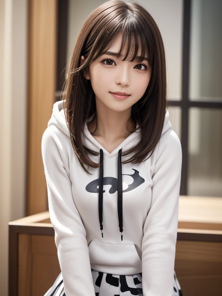 (8k, RAW Photos, highest quality, Tabletop:1.2), (Realistic, Photorealistic:1.4), (Highly detailed 8k wallpaper), Sharp focus, Depth of written boundary, Blur the background, Bokeh, Cinema Lighting, Soft Light, whole body, 1 girl,18 years old famous Japanese idol, Perfect female body, indoor, (Blue hoodie and black micro mini pleated skirt : 1.3), (Long, slender legs), (smile), Glossy lips, Beautiful fine details,Natural Makeup, Shiny and smooth light brown long bob hair, Asymmetrical bangs, Shiny skin, Center image, High resolution, Attention to detail, Detailed hairstyle, Detailed face, 素晴らしいCinema Lighting, Octane Rendering, Vibrant, Ultra-realistic, Perfect limbs, Perfect Anatomy