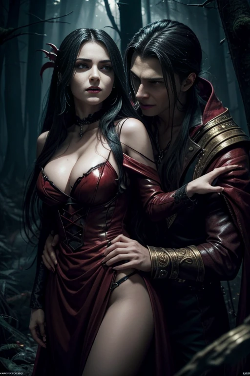 one elf woman, white skin, dark red hair, necromancer, black robes, busty, sex with male