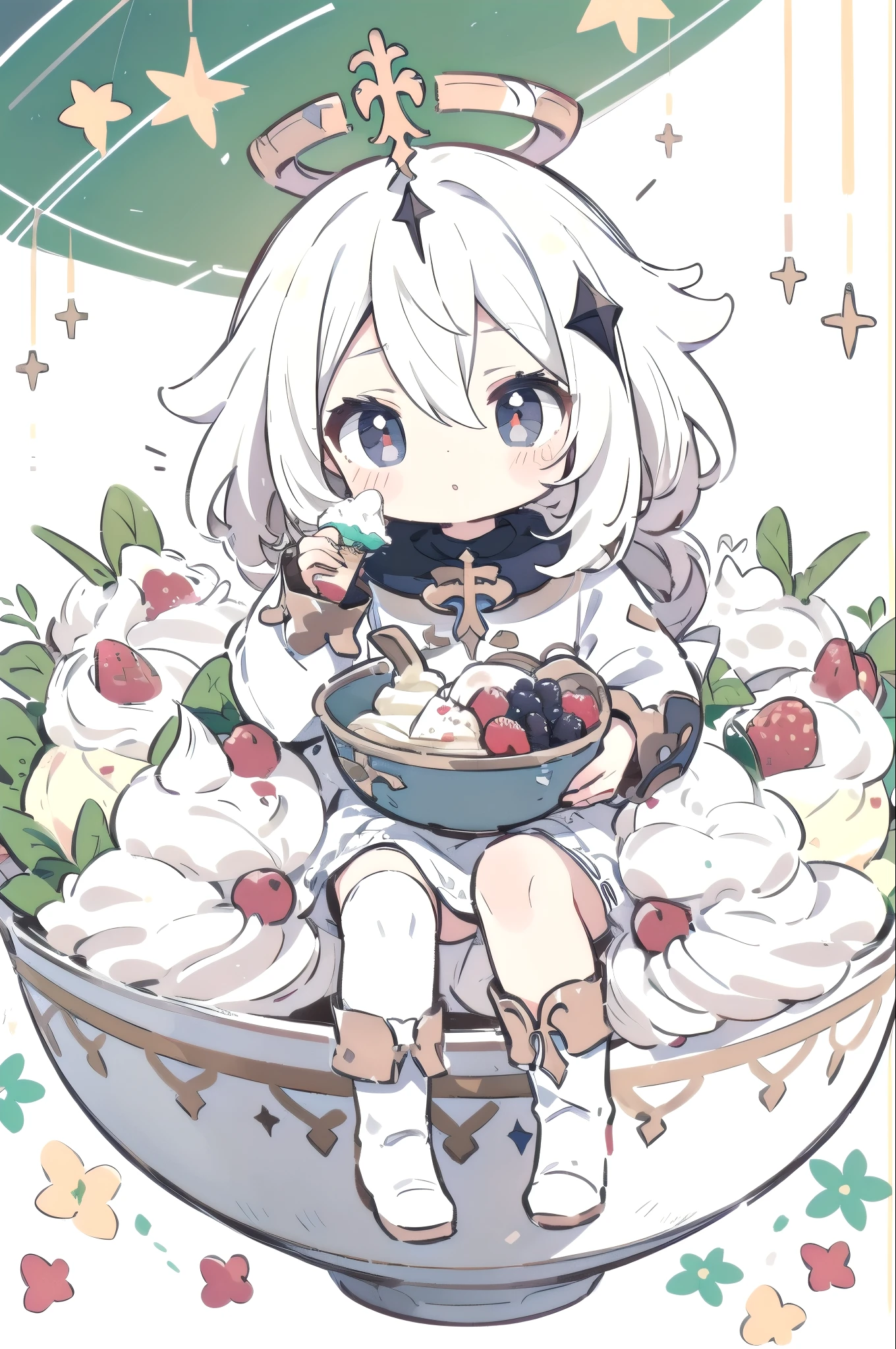 1  chibi girl, solo, thighhighs, paimon (genshin impact), long sleeves, white dress, dress, halo, thighhighs under boots, single thighhigh, bangs, boots, hair between eyes, white footwear,  white thighhighs, white hair, ((sitting inside a bowl of icecream with berries and cream)) ((small chibi girl inside a big bowl))