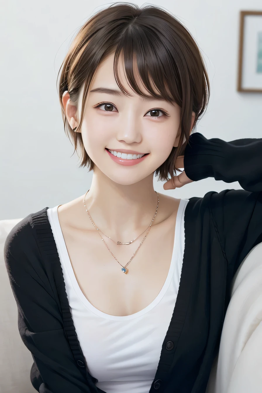 05 ((short hair)), 20-year-old female, In underwear、cardigan、smile、Beautiful teeth alignment、Black Hair、ear piercing、Necklace around the neck、Looking into the camera, Waiting for the start 
