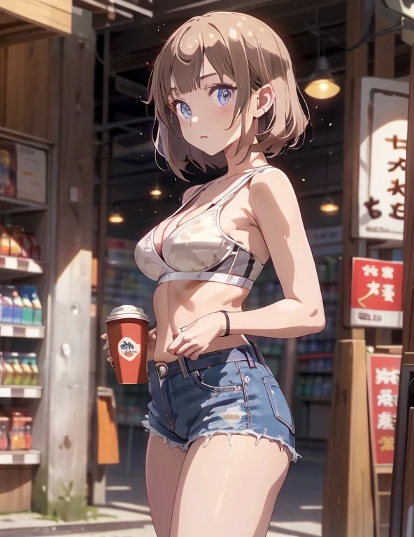 (masterpiece, Best Quality, ultra-detailed, high resolution, extremely detailed CG, official art, Professional Lighting, Perfect Anatomy, anime colors), (from below), looking at viewer, cowboy shot, perfect body, 24yo beautiful 1girl, medium hips, glamorous body,a small face,beautiful-makeup,Makeup light,Shortcut Hair,dark brown hair、Bust b Cup, Amazing Cleavage, thin waist, big ass, Raised sexy, big breast: 1.2 posed cleavage:1.2, (off shoulders,Sportsbra,legginullnude), micro denim shorts, bare legs, nail_polish, pale skin, Waiting friend, (morning:1.5), tokyo, (convenience store:1.3), outdoor, (depth of field:1.3), contrapposto, (Hold a coffee in your hand:1.3),delicate beautiful face, Bright magenta eyes, cute eyes, sparkling eyes, Big eyes, (big breasts:1.3), (perky chest:1.1), (pointed chest:1.3), looking at viewer,
