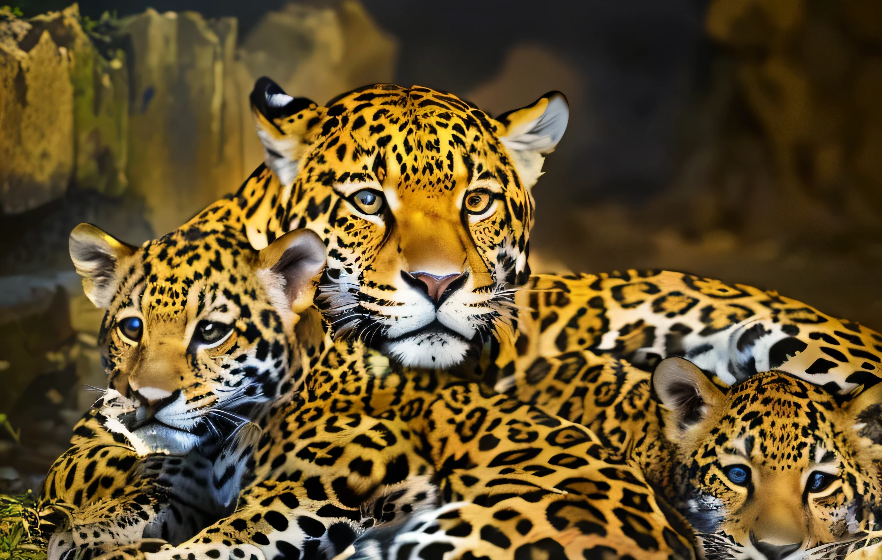 there are two leopards that are laying down together in the dirt, jaguar, amazing beauty, amazonian, proud looking, family portrait, zoo photography, portrait shot, stunning photo, twins, beautiful, closeup 4k, beautiful photo, stunning beauty, proud look, fierce - looking, incredibly beautiful, beautiful look, by Dietmar Damerau