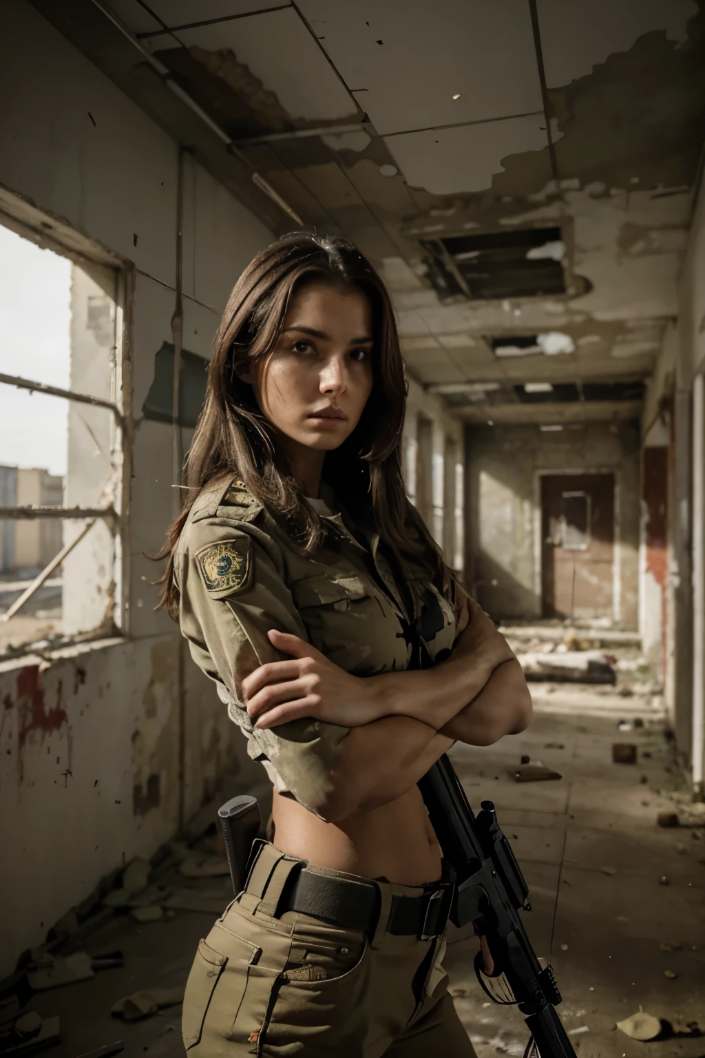 Serious woman holding a rifle while bleeding in alert looking to the sides and bodies behind in the middle of an abandoned place