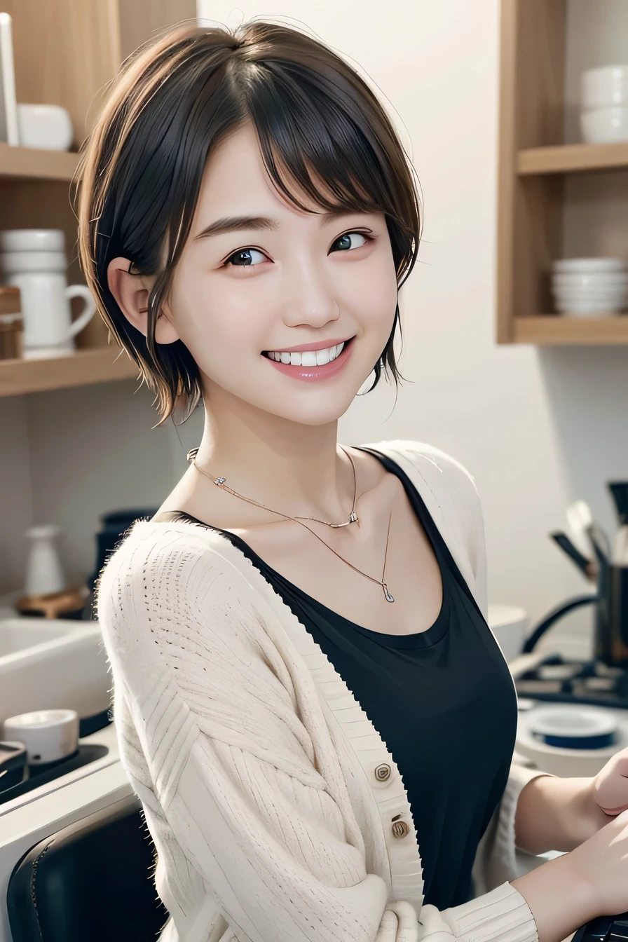 05 ((short hair)), 20-year-old female, In underwear、cardigan、smile、Beautiful teeth alignment、Black Hair、ear piercing、Necklace around the neck、Looking into the camera, Waiting for the start