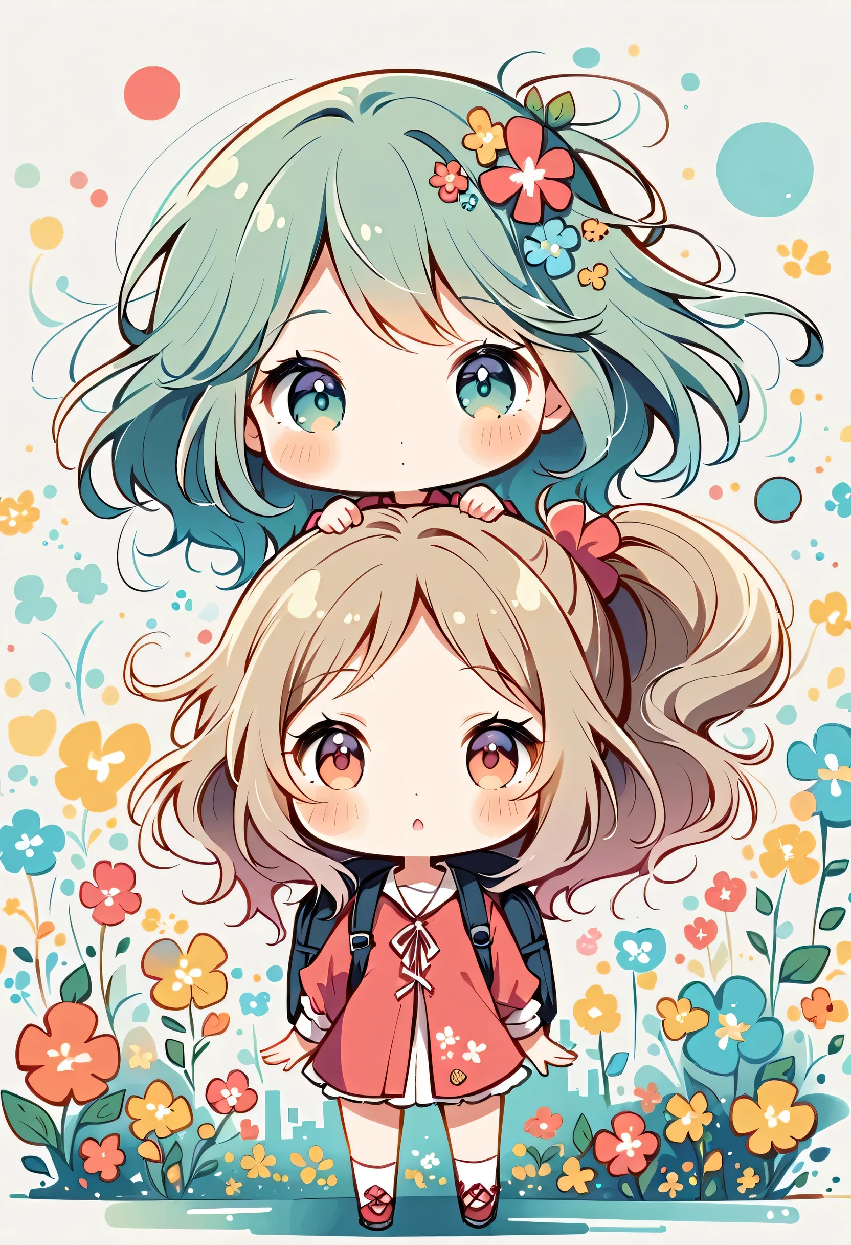 Momoko Sakura style, Standing in front of a high wall,Girl with backpack on rooftop,My backpack is full of happy spring,Simple Line Initialism,Abstract art,Urban Background, (((The most beautiful girl))), (((chibi)))