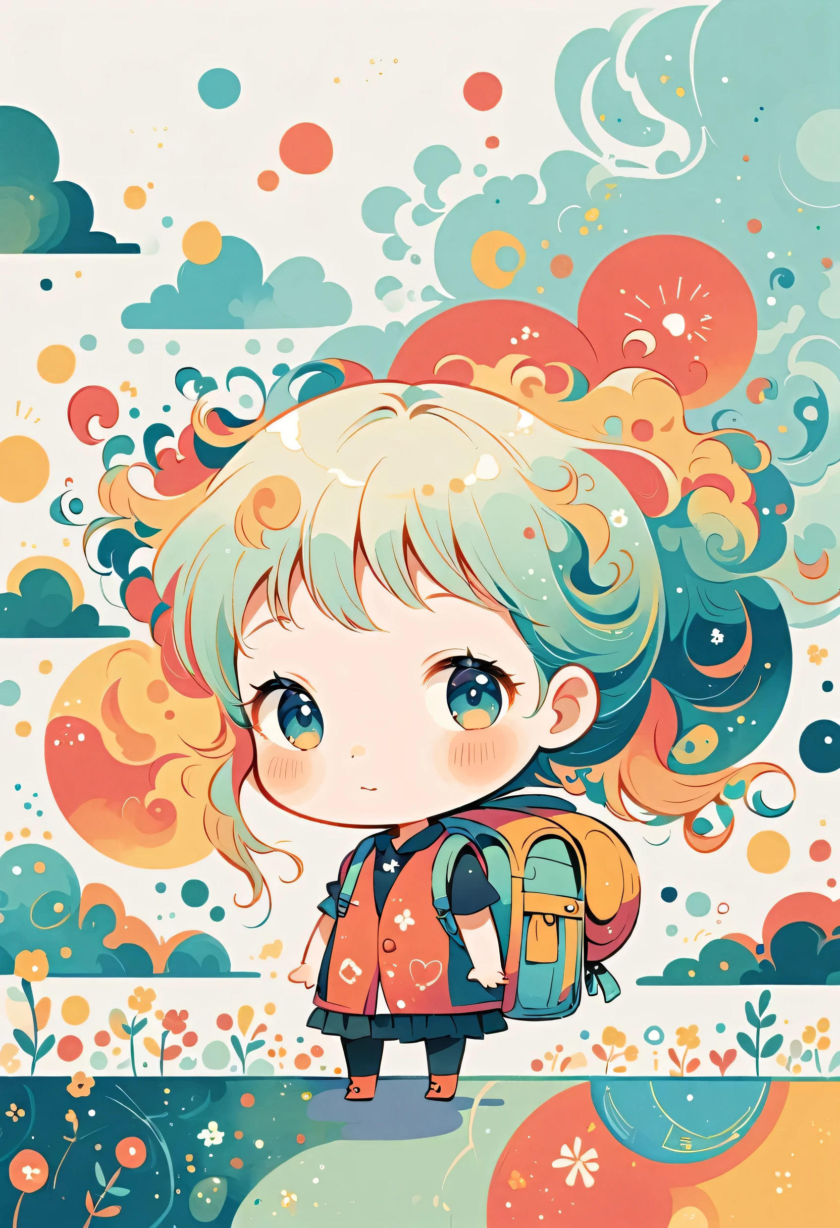 Momoko Sakura style, Standing in front of a high wall,Girl with backpack on rooftop,My backpack is full of happy spring,Simple Line Initialism,Abstract art,Urban Background, (((The most beautiful girl))), (((chibi)))