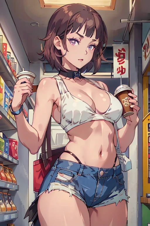 (masterpiece, Best Quality, ultra-detailed, high resolution, extremely detailed CG, official art, Professional Lighting, Perfect Anatomy, anime colors), (from below), looking at viewer, cowboy shot, perfect body, 24yo beautiful 1girl, medium hips, glamorous body,a small face,beautiful-makeup,Makeup light,Shortcut Hair,dark brown hair、Bust b Cup, Amazing Cleavage, thin waist, big ass, Raised sexy, big breast: 1.2 posed cleavage:1.2, (off shoulders,Sportsbra,legginullnude), micro denim shorts, bare legs, nail_polish, pale skin, Waiting friend, (morning:1.5), tokyo, (convenience store:1.3), outdoor, (depth of field:1.3), contrapposto, (Hold a coffee in your hand:1.3),delicate beautiful face, Bright magenta eyes, cute eyes, sparkling eyes, Big eyes, (big breasts:1.3), (perky chest:1.1), (pointed chest:1.3), looking at viewer,