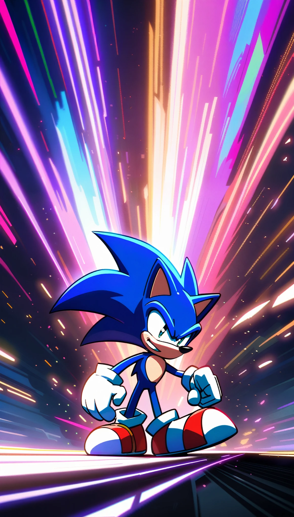 a detailed cartoon character of sonic the hedgehog, sonic, 90s style, detailed cartoon 90s, speed line, speed light, vibrant colors, dynamic pose, high energy, intricate background environment, neon lighting, glowing rings, particle effects, extreme detail, cinematic lighting, anime style ,intricate details, volumetric lighting, iridescent colors, glowing lighting, atmospheric lighting, lens flare, Cinematic light, colorful light, particles
