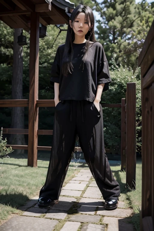 Japanese Girl sees the ghost and pees her black palazzo pants until her pants are wet in fright.