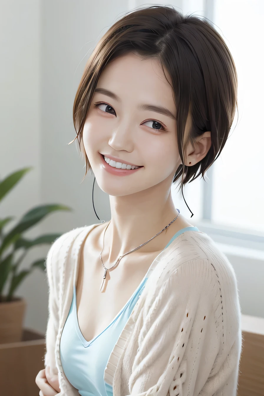 05 ((short hair)), 20-year-old female, In underwear、cardigan、smile、Beautiful teeth alignment、Black Hair、ear piercing、Necklace around the neck、Looking into the camera, Waiting for the start